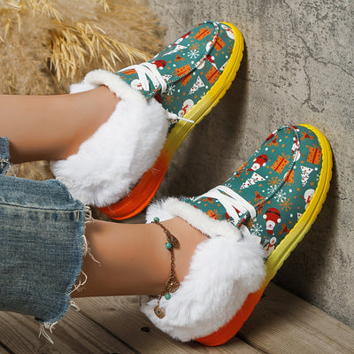 Festive Footwear: Women's Christmas Fluffy Canvas Shoes with Santa Claus & Snowman Print - Plush Lined Flats for a Warm Winter