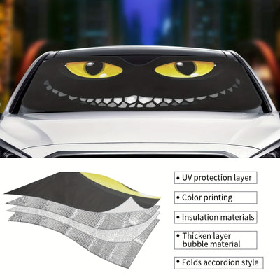 Happy Sun Protection: Foldable Black Cat Eyes Car Windshield Sunshade - Enhance Your Drive!