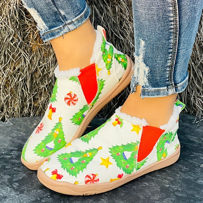 Festive Feet: Women's Winter Warm Slip-On Christmas Tree Bell Pattern Sneakers