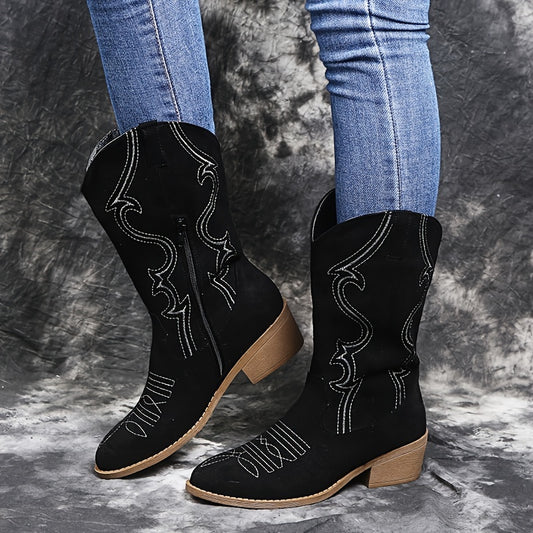 Fashionable Women's Western Mid-Calf Boots: Stylish Embroidered Shoes with Block Heel and Zipper Access