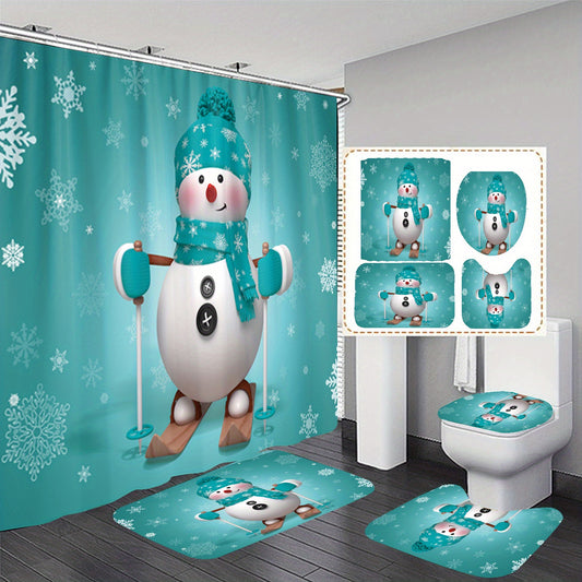 Transform your bathroom into a winter wonderland with our 4-piece snowman pattern shower curtain and bathroom accessories set. Made from high-quality materials, this set includes a shower curtain, bath mat, toilet mat, and toilet lid cover. Perfect for adding a touch of festive charm and warmth to your home during the holiday season.