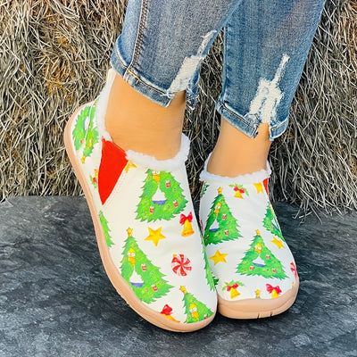 Festive Feet: Women's Winter Warm Slip-On Christmas Tree Bell Pattern Sneakers