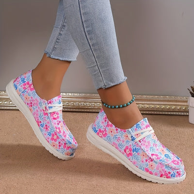 Women's Floral Pattern Print Canvas Shoes, Slip-On Loafers with Lightweight Round Toe