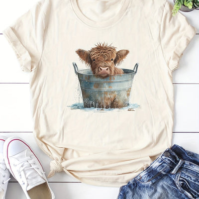 Moo-velous Cow Print Tee: Step Up Your Casual Style with this Chic Short Sleeve Crew Neck T-shirt!