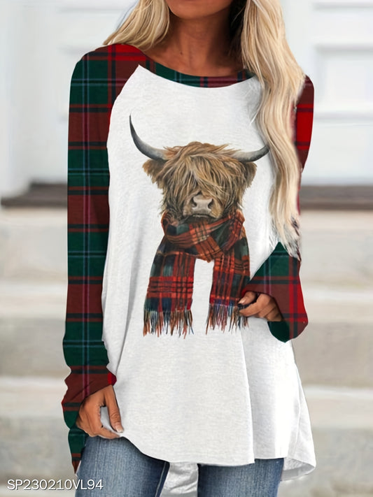 This women’s plus size T-shirt features a fashionable colorblock plaid cow print design and long sleeves. The soft and breathable fabric ensures maximum comfort while creating a stylish and trendy look.