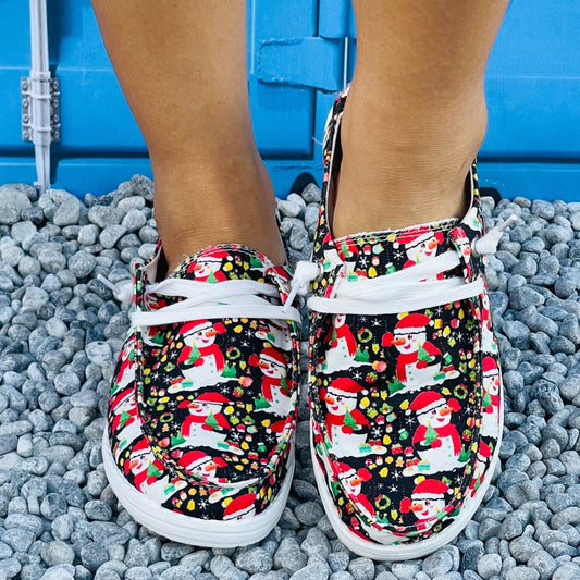 Add some holiday spirit to your wardrobe with Festive Fun: Women's Cartoon Snowman Pattern Loafers. These lightweight slip-on shoes feature a charming snowman pattern, combining both style and comfort for a stylish Christmas look. Perfect for any festive occasion, made with your comfort in mind.