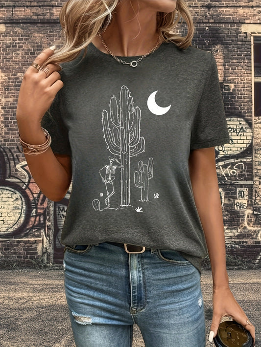 Mystical Charm: Skull Cactus Moon Print T-Shirt for Women - Embrace Spring/Summer with Style!