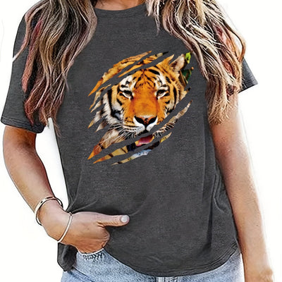 Tiger Pattern Crew Neck T-Shirt, Casual Short Sleeve T-Shirt For Spring & Summer, Women's Clothing