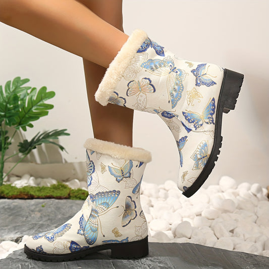 Stylish and Cozy: Women's Fashion Butterfly Pattern Snow Boots with Plush Lining and Warm Platform