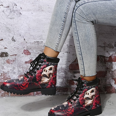 Skull Rose Pattern Fashion Mid-Calf Boots: Edgy Retro Winter Footwear for Women
