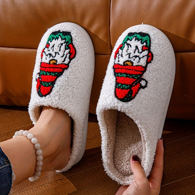 Festive Cartoon Christmas Deer Print Slippers: Slip-On, Non-Slip, Warm and Cozy Indoor Shoes