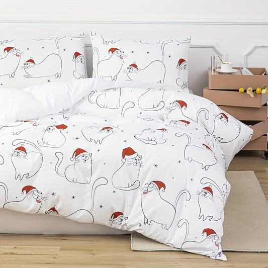 Christmas Cat Print Duvet Cover Set: Enhance Your Bedrooms with Festive Elegance and Cozy Comfort – Includes 1 Duvet Cover and 2 Pillowcases (No Core)