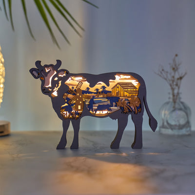 Moo-velous Milk Cow Wooden Art Animal Statues: Illuminate Your Space with LED Night Light Delight!