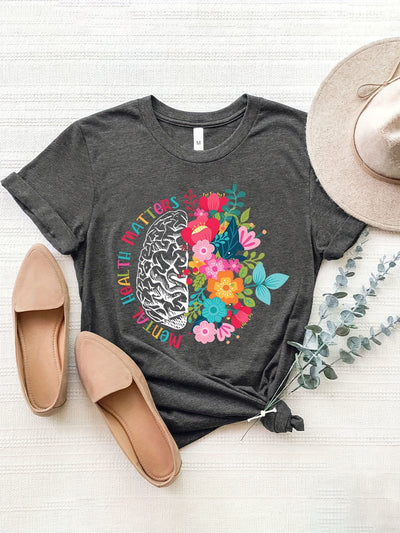 Colorful Floral & Brain Print Crew Neck T-shirt, Casual Short Sleeve T-shirt For Spring & Summer, Women's Clothing