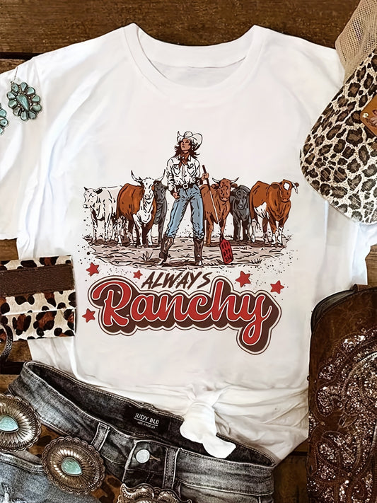 This Cowboy Style Print T-shirt is made of lightweight, comfortable 100% cotton for a perfect fit. It features a crew neck, short sleeves, and a western-inspired print for a casual and stylish look. Perfect for summer, it's a great addition to any modern woman's wardrobe.