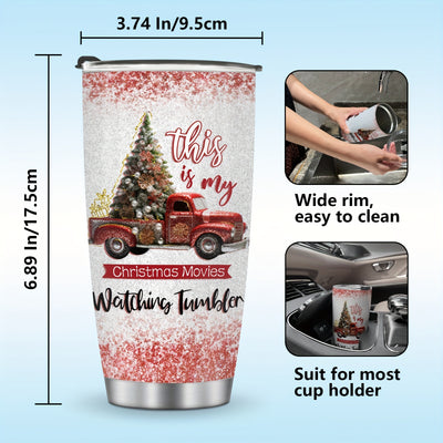 Cozy Christmas Movie Watching Tumbler - Stainless Steel Insulated Coffee Mug for the Holiday Season! Perfect gift for Christmas, adorned with a festive red truck design!