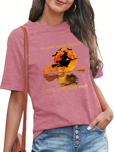 Enchanting Witch Letter Print Crew Neck T-Shirt: Embrace Casual Elegance for Spring and Summer