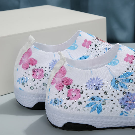 Floral Rhinestone Delight: Women's Stylish Shockproof Running Shoes for Light and Breathable Sports