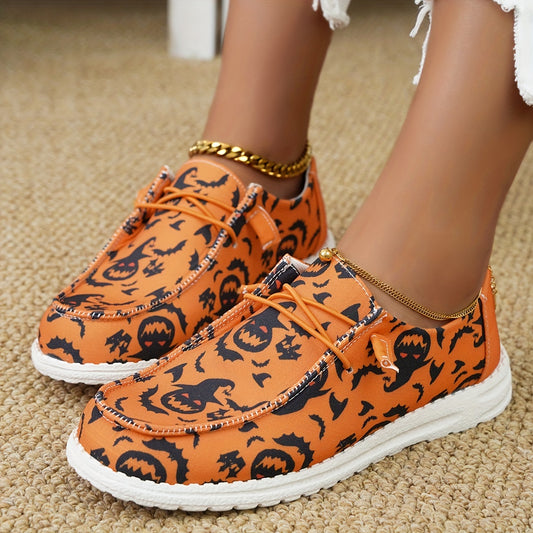 These Halloween Chic canvas shoes are the perfect choice for anyone looking for a lightweight and stylish shoe for Halloween. With a pumpkin bat print, these low top sneakers are designed for comfort and style, making them ideal for casual and outdoor styling.