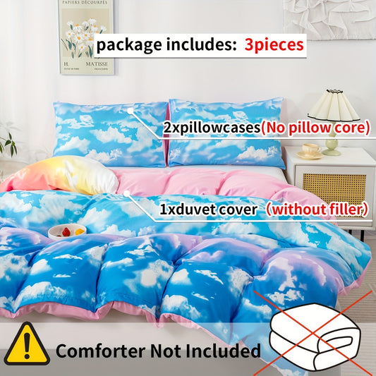 Dreamscape Delight: 3-Piece Rainbow Cloud Print Duvet Cover Set for Ultimate Bedroom Comfort(1*Duvet Cover + 2*Pillowcase, Without Core)
