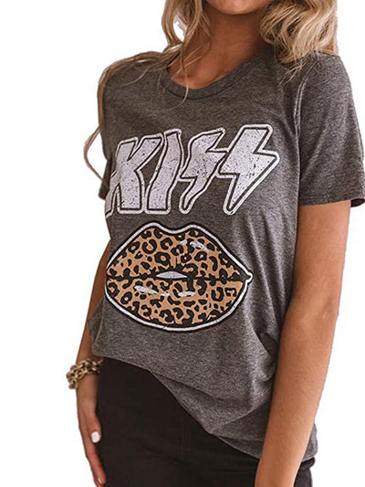 Vintage Leopard Lips Print T-shirt, Retro Short Sleeve Crew Neck T-shirt, Casual Every Day Tops, Women's Clothing