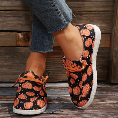 Halloween Pumpkin Pattern Women's Canvas Shoes - Casual Lace Up Low Top Flat Shoes for Comfortable Walking
