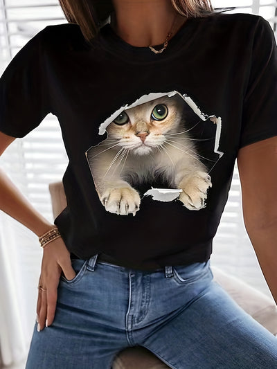 Cute Cat Design Print T-shirt, Casual Crew Neck Short Sleeve T-shirt For Spring & Summer, Women's Clothing