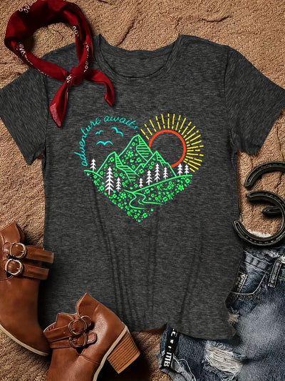 Landscape Heart Print T-Shirt For Women: A Casual and Stylish Addition to Your Summer Wardrobe