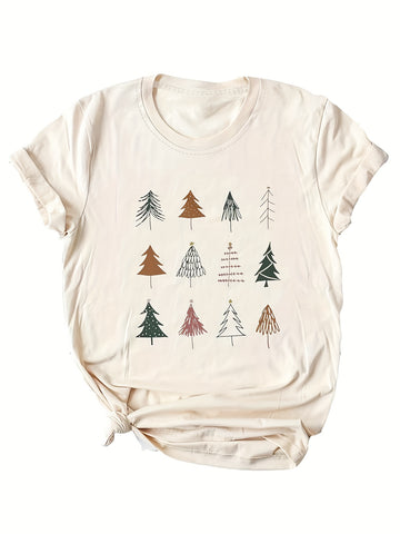 Festive Charm: Women's Christmas Tree Printed Tee - Casual and Comfortable Short Sleeve Crew Neck T-Shirt