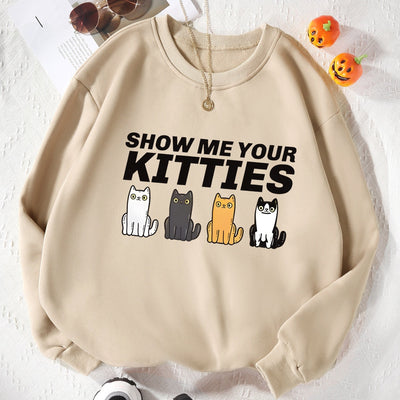 Cute and Cozy: Women's Cat Print Pullover Sweatshirt for Casual Comfort