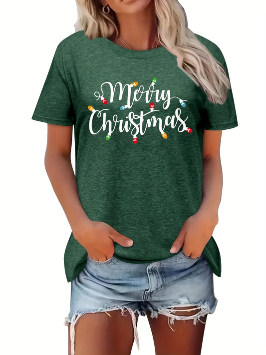 Perfect for the holidays and warmer weather, this women’s t-shirt features a Merry Christmas letter with light print on a crew neck, creating a comfortable and stylish look. Made from lightweight fabric, this short-sleeved top is ideal for Spring and Summer.