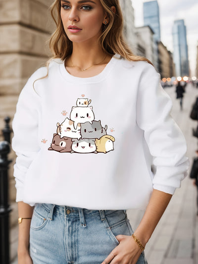 Feline Finesse: Cute Cat Print Sweatshirt - Trendy Long Sleeve Crew Neck for Women