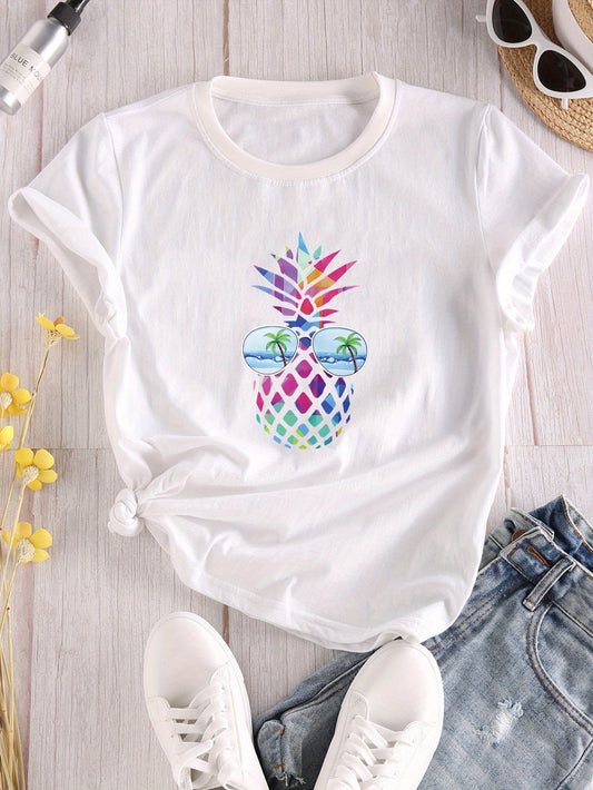 Introducing Summer Vibes: a must-have for your casual wardrobe. This pineapple print t-shirt will elevate your spring-summer collection with its fun and trendy design. Made for women, it's the perfect choice for a stylish and effortless look. Get ready to embrace the summer vibes with this casual top.