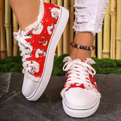 Cozy and Festive: Women's Santa Claus Print Lace-Up Canvas Shoes for a Comfy Christmas