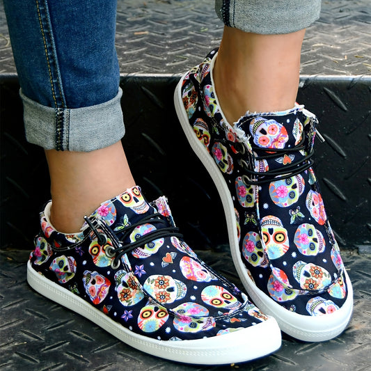 These Stylish Halloween Colorful Skull Print Canvas Shoes offer a comfortable low top silhouette, perfect for everyday wear. The colorful skull print provides an eye-catching twist to the traditional style and will surely make a statement.