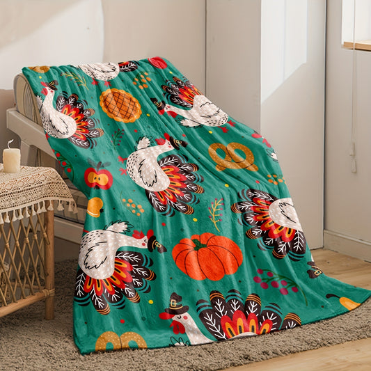 Cozy Thanksgiving Vibes: Cartoon Turkey and Pumpkin Printed Flannel Throw Blanket for Ultimate Warmth and Comfort