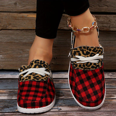 Stylish and Comfortable: Women's Flat Canvas Sneakers - Plaid Leopard Print Low-Top Shoes for Casual and Comfy Walking