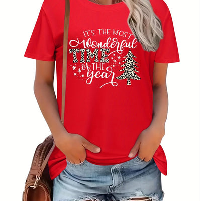 Leopard Christmas Tree and Letter Print T-Shirt: A Stylish and Casual Top for Spring/Summer Women's Clothing