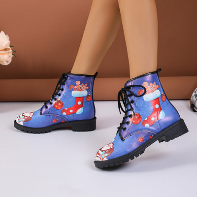 Festive Fun: Women's Christmas Style Combat Boots with Santa Claus & Snowman Pattern