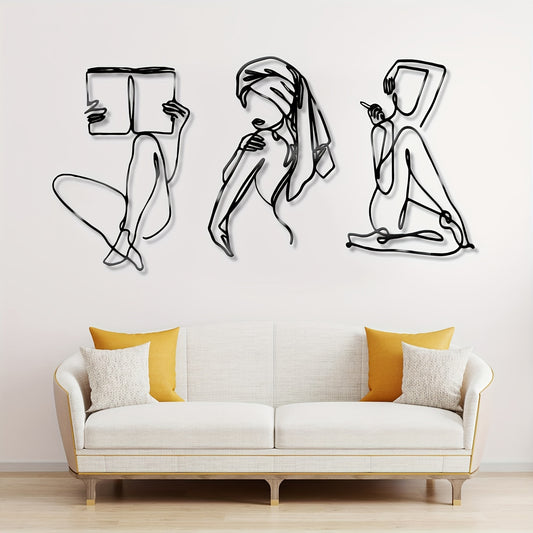 Elevate your home decor with the Contemporary Charisma: 3-Piece Metal Minimalist Abstract Woman Wall Art Set. This stunning set features metal abstract lines, adding a touch of minimalism and sophistication to your living room,