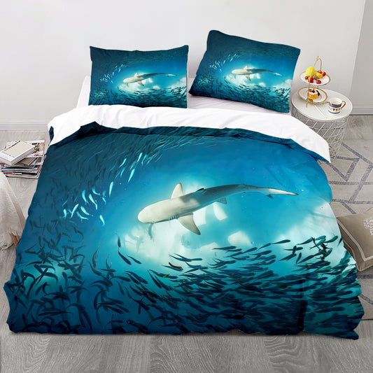 This Shark Print Polyester Duvet Cover Bedding Set is made with soft and comfortable material for a comfortable sleeping experience. It includes one duvet cover and two pillowcases in a stylish shark print design, perfect for bedrooms and guest rooms alike.