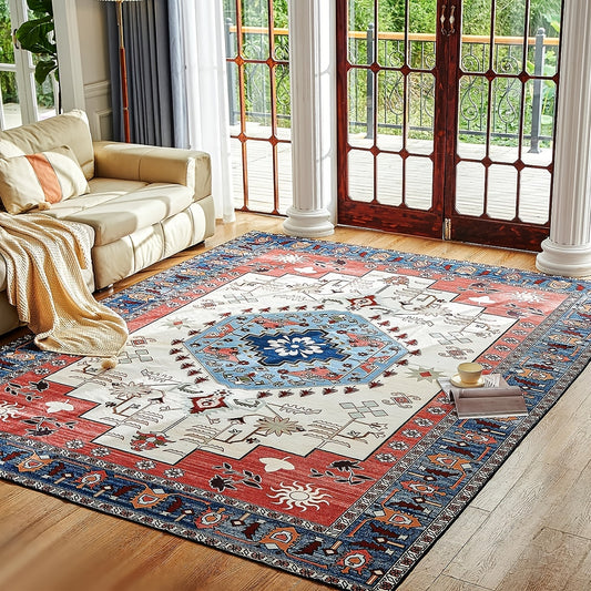 This Boho Chic Vintage Red Rug adds an elegant and timeless touch to your living room and bedroom. Its sophisticated Faux Wool medallion pattern in vibrant red and blue colors makes a bold statement. Its washable and foldable design offers superior convenience and practicality.
