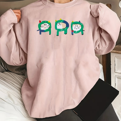 Whimsical and Playful: Cartoon Cat Print Sweatshirt - Perfect Casual Crew Neck Long Sleeve Sweatshirt for Women's Clothing