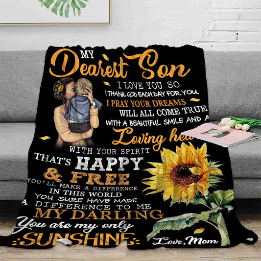 Say I love you with this special Letter to Son Blanket. This sunflower throw blanket is perfect for gifting to your beloved son. Soft and cozy, the high-quality fabric allows for snug and comfortable use. Make your son feel extra special with this unique and heartfelt gift!