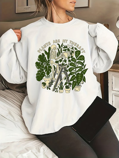 Stylish and Spooky: Women's Plus Size Halloween Casual Sweatshirt with Skull Plants Slogan Print