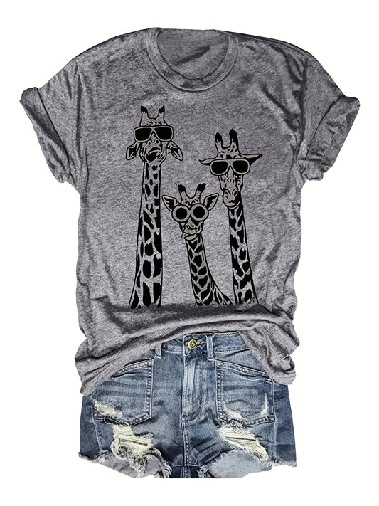 This Funny Cartoon Giraffe with Glass Print Crew Neck T-Shirt is perfect for casual Spring and Summer wear. Crafted from breathable cotton, the short sleeve shirt features a printed graphic of a giraffe wearing glasses for a fun and stylish look. Perfect for women's casual clothing.