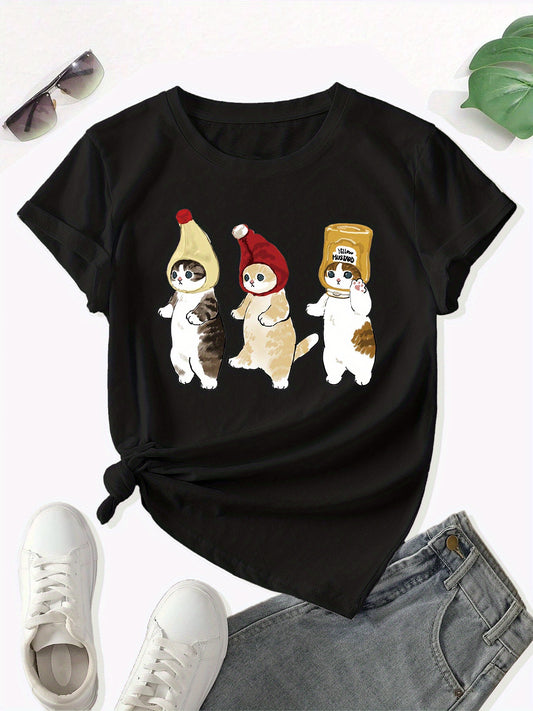 Fashionable Cat Pattern Crew Neck T-Shirt: A Must-Have Addition to your Spring/Summer Wardrobe!