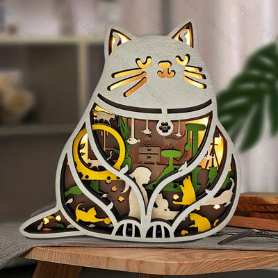 Whimsical Fat Cat Wood Carving Decoration: LED Night Light for Indoor Décor, Christmas & Halloween Themes | Perfect Gift and Desktop Accent Piece