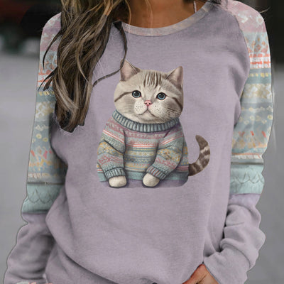 Adorable Feline Frenzy: Women's Cute Cat Print Crew Neck Sweatshirt - Casual, Long Sleeve & Drop Shoulder