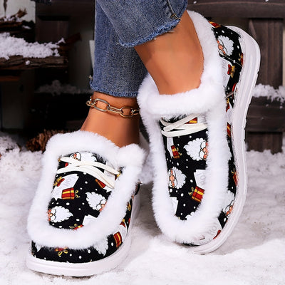 Santa's Gifted Chic: Women's Winter Fashion Skate Shoes with Festive Christmas Style in Comfortable Plush & Warm Lace-Up Flats